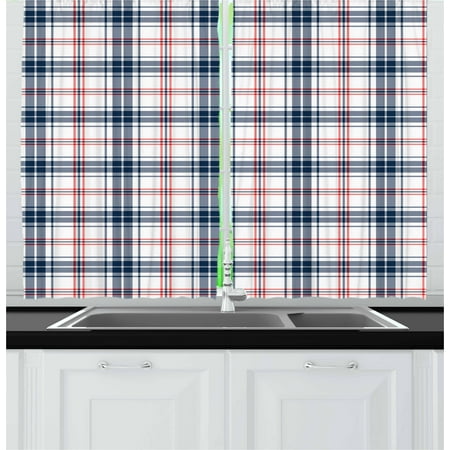 Country Blue Bedroom Plaid Curtains 2 Panels Set, Traditional Checkered British Country Pattern with Geometric Design, Window Drapes for Living Room Bedroom, 55W X 39L Inches, Navy Blue Vermilion White, by Ambesonne ()