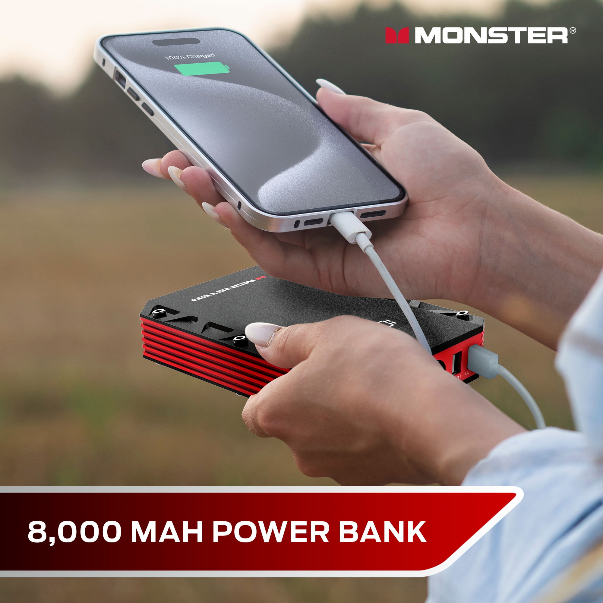 Monster 8000mAh Jump Starter Power Bank, 12V/600A, Sparkless Cables, Safety Protection, 100 Lumen Flashlight, 2 USB-A & USB-C