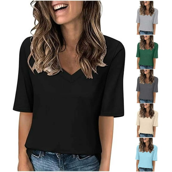 Summer T-Shirts for Women Fashion Casual Half Sleeve Blouses Solid Color Tops V-neck Loose Short Sleeve T-Shirt Loose Pullover Top