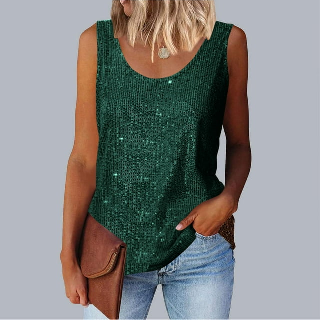 UPPADA Débardeurs à Paillettes pour Femmes, Sans Manches, Brillants, pour Fête, Col Rond, Décontractés, Habillés, pour Boîte de Nuit, Sorties, Liquidation