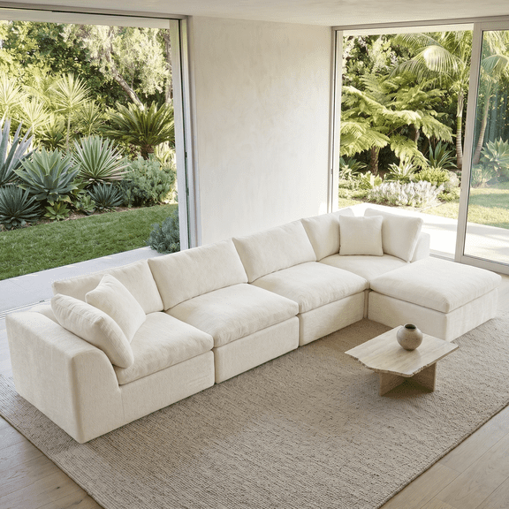 138'' Chenille Sectional Sofa with Ottoman, Modern Boneless Cloud Couch with Deep Seat, 4 Seater L-Shaped Modular Sofa for Living Room, No Assembly Required, Beige