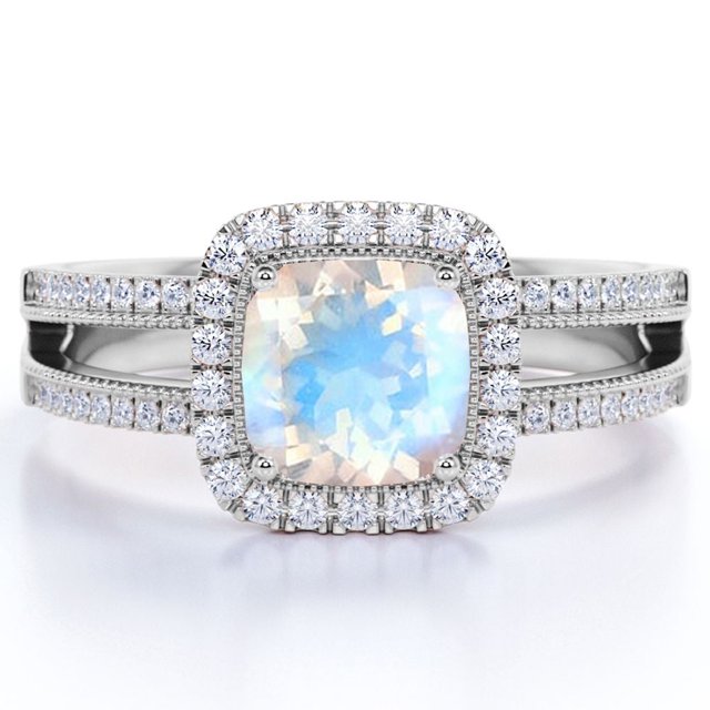 JeenMata Anillo de Bodas Vintage con Halo de Moissanita y Piedra Lunar Arcoíris de Talla Cojín de 1,75 Uds en Oro Blanco de 18 K sobre Plata