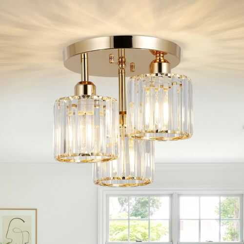 Semi Flush Mount Light,3-Light Modern Close to Ceiling Fixtures,Black Kitchen with Clear Crystal Shade,Hallway Light Fixtures for Hallway Bedroom Bathroom