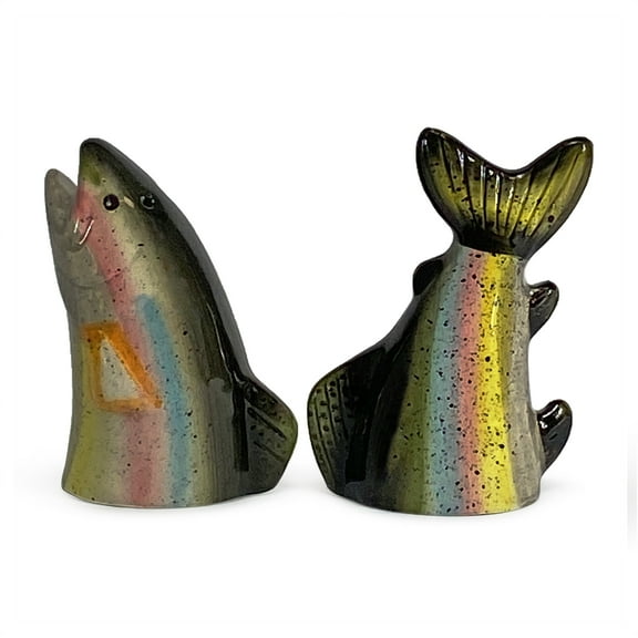 Rivers Edge Products Rivers Edge Products Trout Salt and Pepper Shakers - Poly Resin Holder and 2 Glass Spice Dispenser - Unique Dining Table Accessories - Gift-Ready Novelty Kitchen Counter Decor