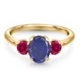 thumbnail image 3 of Gem Stone King 1.90 Ct Oval Blue Lapis Red Created Ruby 18K Yellow Gold Plated Silver Ring, 3 of 6