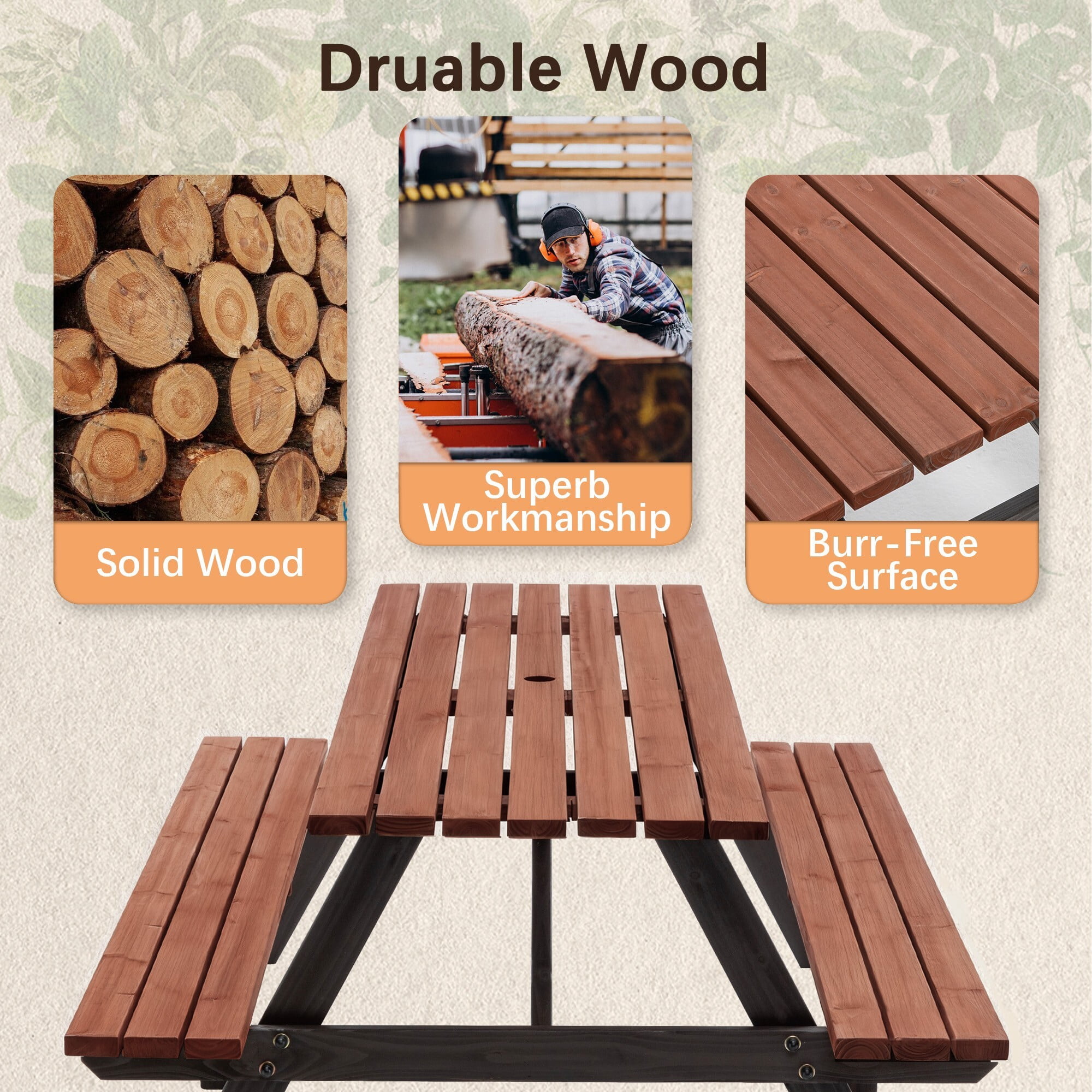 DEALTOPS 75" Two-Tone Wooden Picnic Table Seats 8, 2200lb Heavy Duty Outdoor Dining Set, Black & Brown