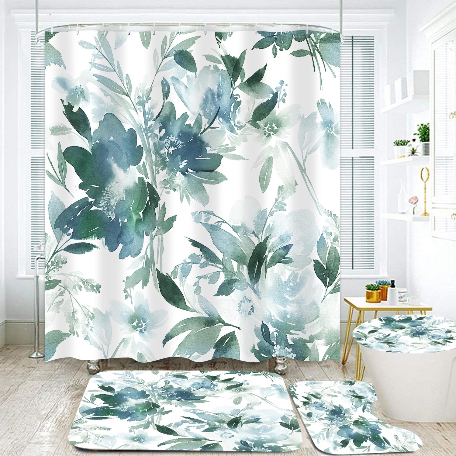 Green Leaves Shower Curtain Set Bathroom Sets Flower Shower Curtain Set with Rugs,Bathroom Shower Curtain Set with Carpet Bath Mat Toilet Rugs