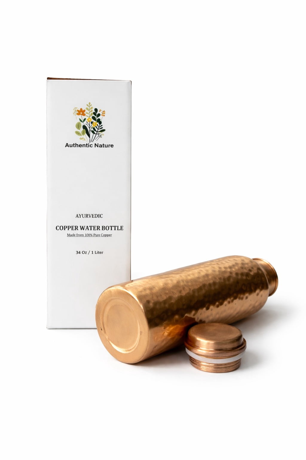 Authentic Nature Pure Copper Water Bottle, 1 Litre Ayurvedic Design, Hammered Finish, Leak-Proof Cap, Handcrafted in India for Daily Hydration and Wellness (Pack of 2 Bottles)