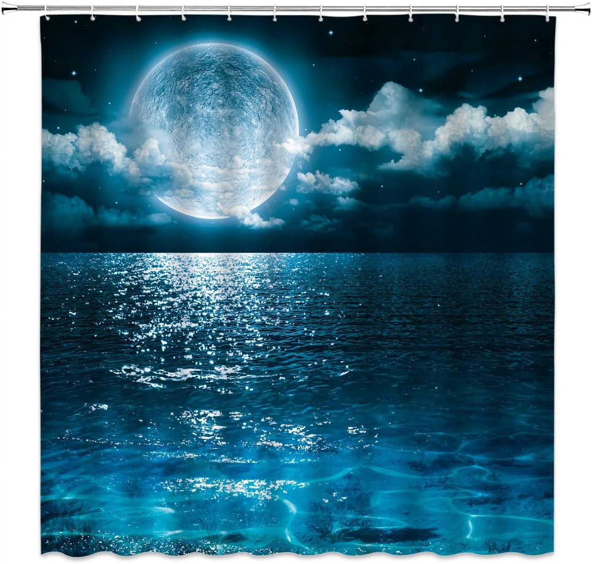 Moon Shower Curtain Full Moon Over Sea Ocean Clouds Planet Star Sky Dreamy Night Scene Black Blue Gray Bathroom Curtains Decor Polyester Fabric Include Hooks,(70" WX70 H)