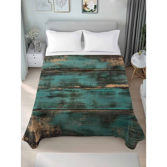 Teal Brown Wood Print King Size Flat Sheet, Wrinkleproof & Fadeproof Cooling Flat Bed Sheet Only, Farmhouse Vintage Plank Breathable Soft Bedding Top Sheets 105 x 98 Inches