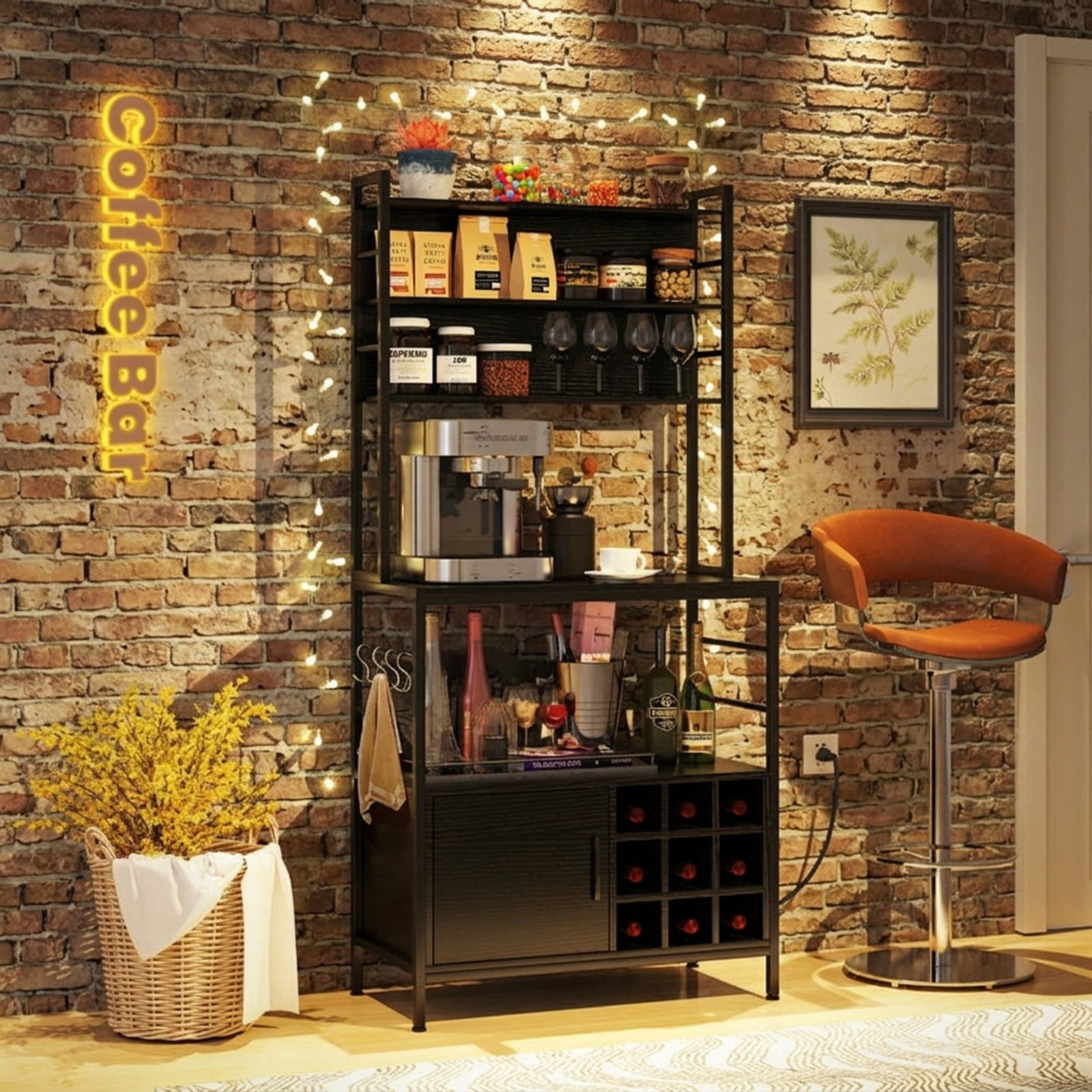 RUIE Coffee Bar Cabinet with Wine Bottle Holders and S-Hooks, Kitchen Baker's Rack Buffet Sideboard with ETL Power Outlet and Anti-Tipping Kit, Black