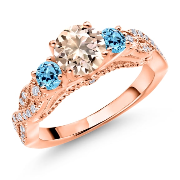 Gem Stone King 18K Rose Gold Plated Silver Peach Morganite Swiss Blue Topaz and White Moissanite Engagement Ring for Women (1.17 Cttw, Gemstone October Birthstone, Round 6MM and 3MM, Size 6)