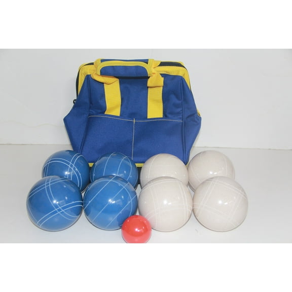 Italian/American Made, 110mm EPCO Bocce Set - Blue and White Balls and Blue/Yellow Bag