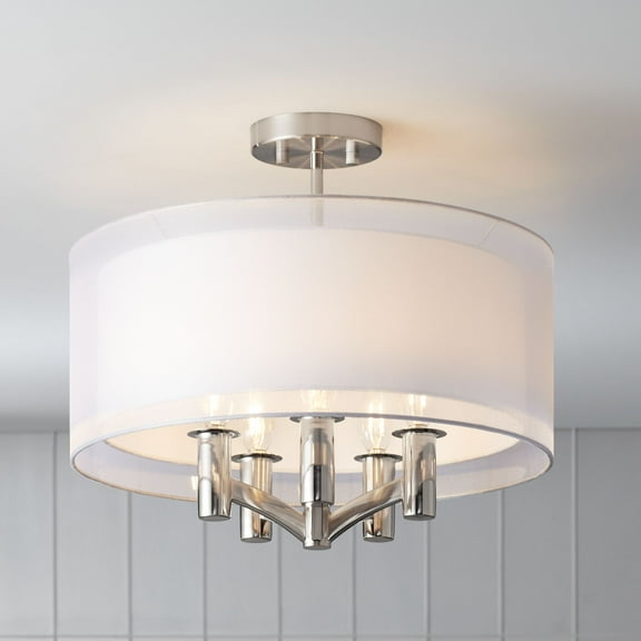 Possini Euro Design Modern Ceiling Light Semi Flush Mount Fixture Brushed Nickel 18" Wide Sheer Silver Double Drum Bedroom Kitchen