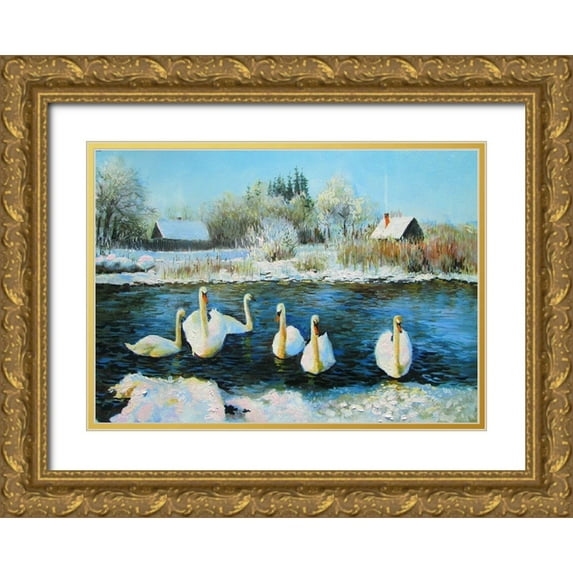 Pautov, Igor 32x24 Gold Ornate Wood Framed with Double Matting Museum Art Print Titled - Swans near Village