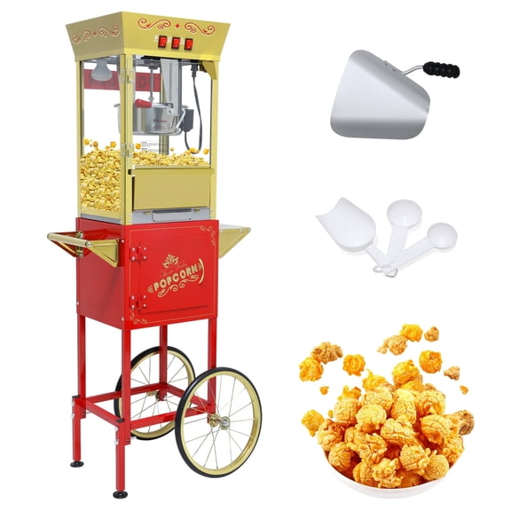 2-in-1 Tabletop or Cart 12-Ounce Commercial Popcorn Machine, 850W with Tempered Glass & Storage Cabinet for Home Theater, Parties, Events (Red Gold)