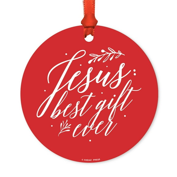 Religious Round Metal Christmas Ornament, Jesus: Best Gift Ever, Includes Ribbon and Gift Bag
