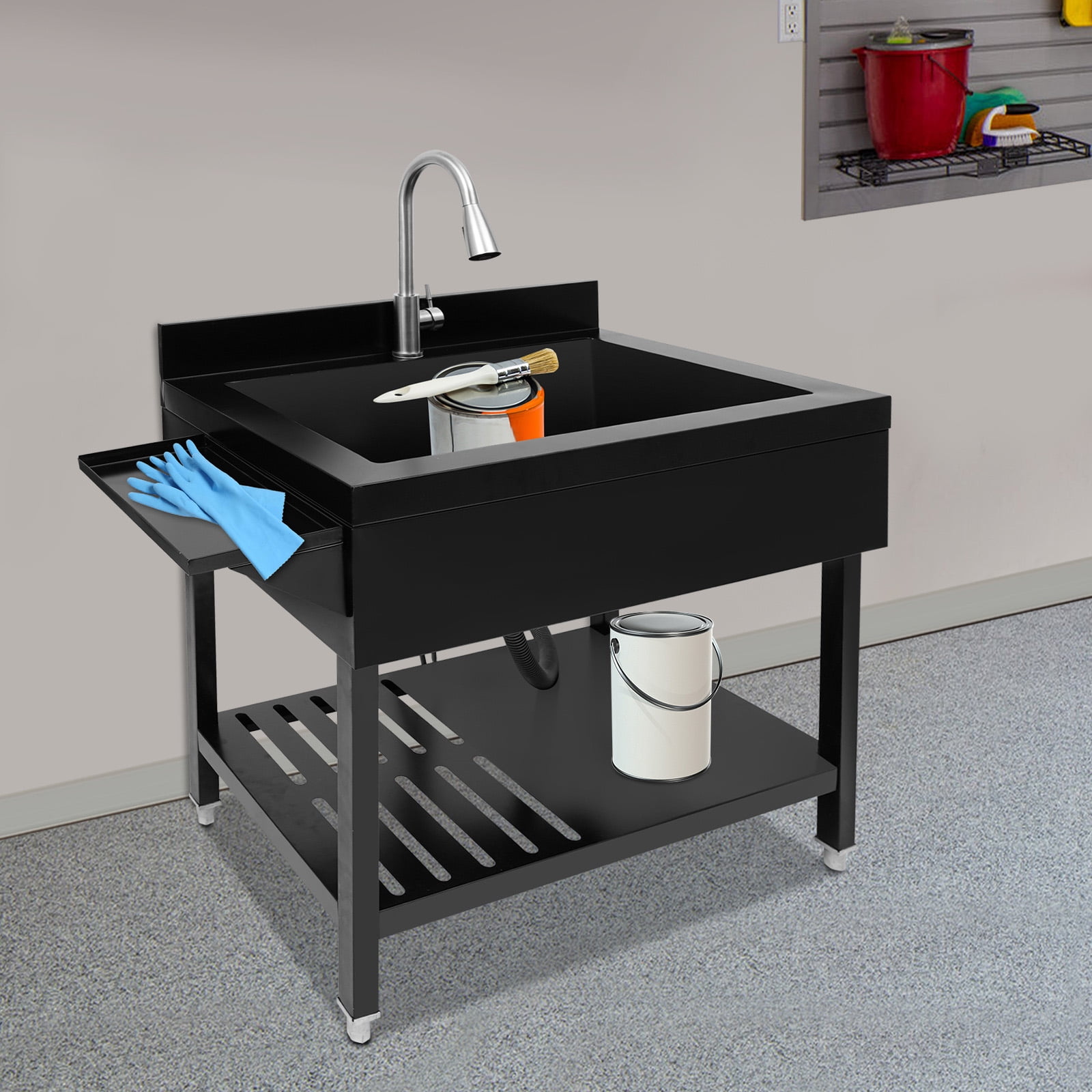 Freestanding Single Bowl Kitchen Sink, Black Stainless Steel Sink, Utility Sink with Faucet and Storage Shelf, for Kitchen Restaurant Garage