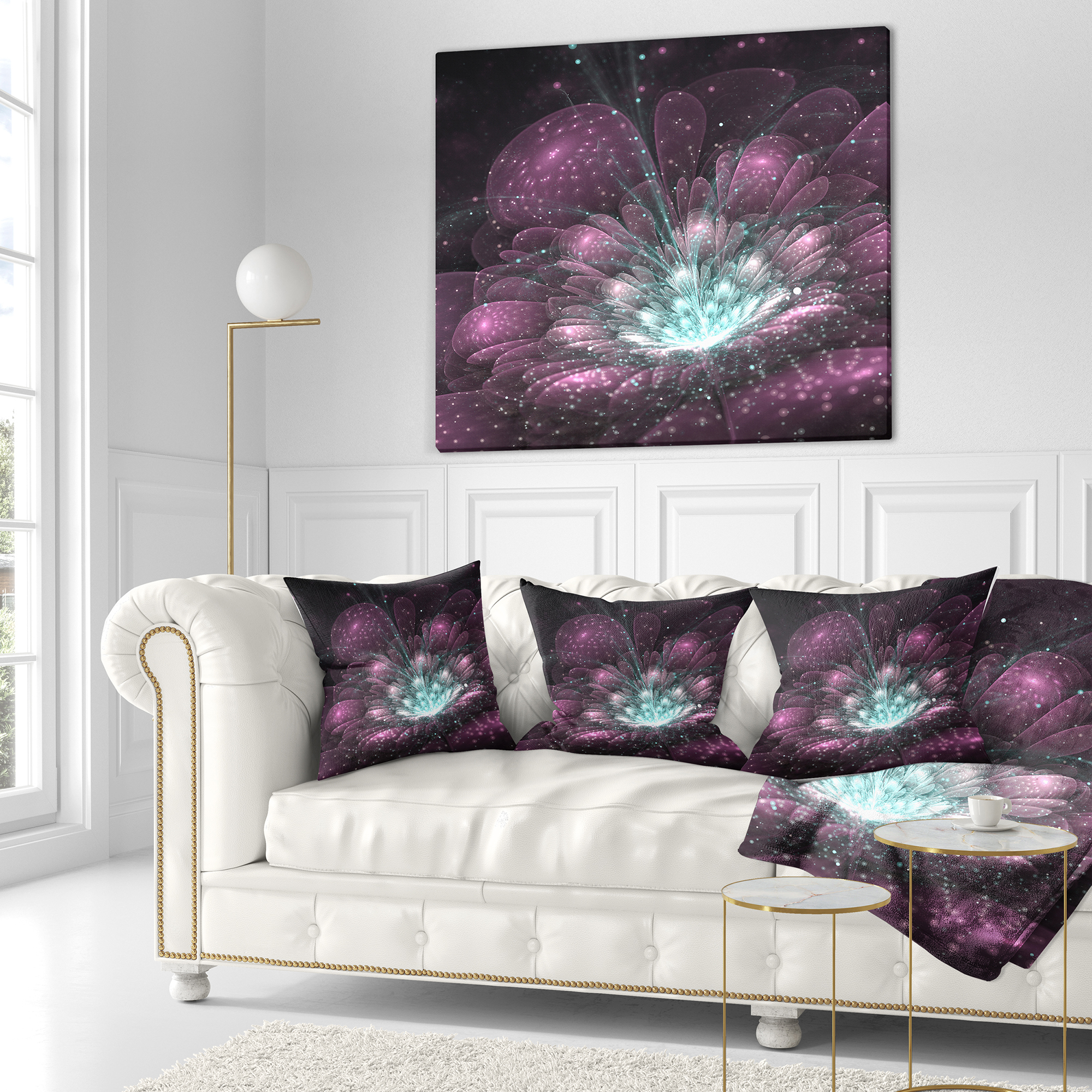 Designart Purple Fractal Flower - Modern Floral Throw Pillow - 16x16