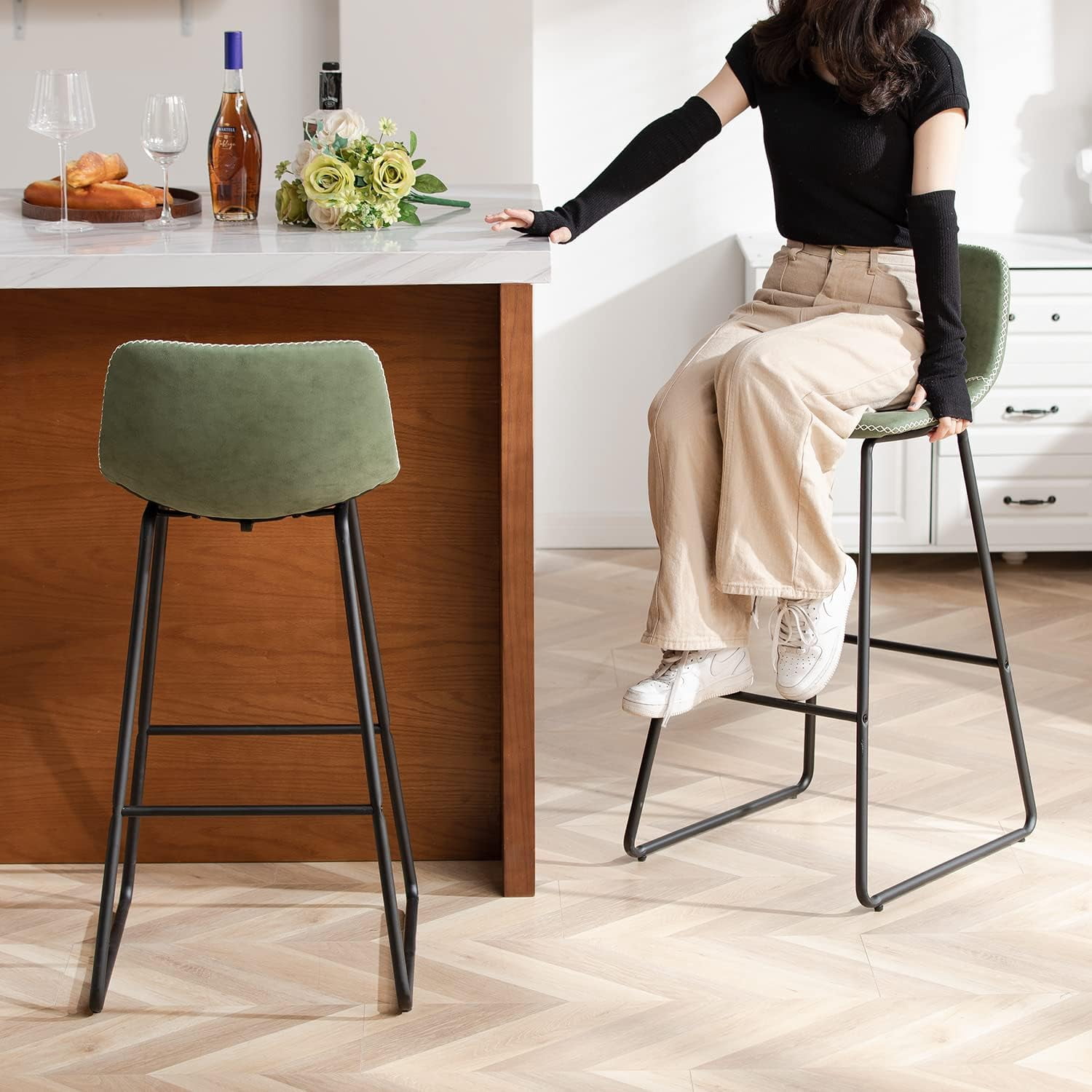 FIRAVOE Bar Stools Set of 3, 30 Inch Counter Height Bar Stools with Back, Faux Leather Modern Barstools High Bar Stools Chairs for Kitchen Island, Green