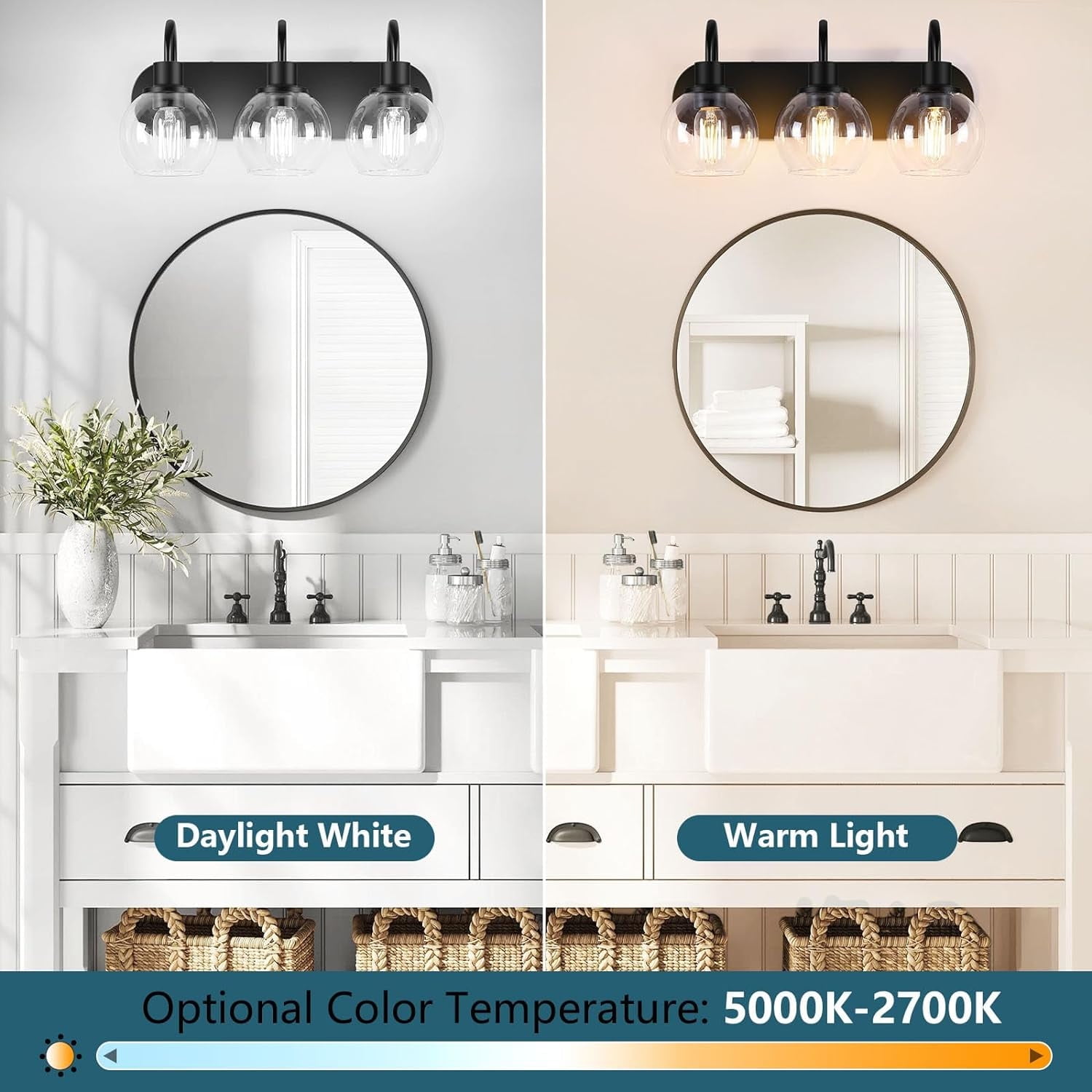 Matte Black Bathroom Light Fixtures Vanity Light for Bathroom 3 Lights Modern Wall Light Fixtures over Mirror with Clear Glass Shade