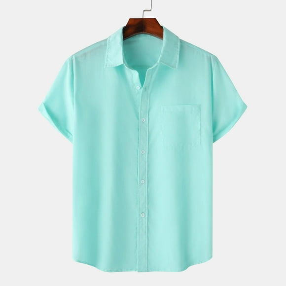 BADHUB Men's Button Down Shirt Casual Short Sleeve Lightweight Shirt Solid Cotton Dress Shirt Summer Cuban Wedding Tops Holiday Deals