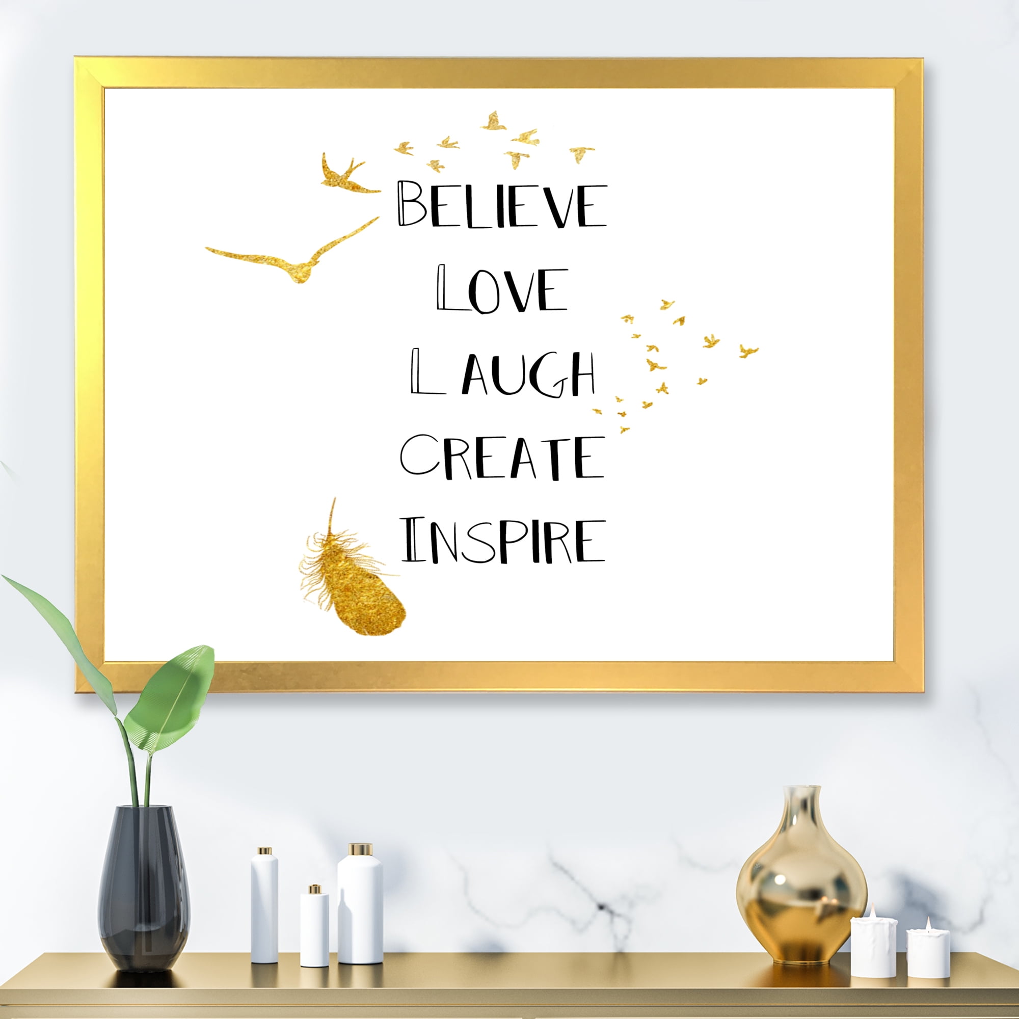 Designart 'Inspirational Quote On Gold and White' Traditional Framed Art Print