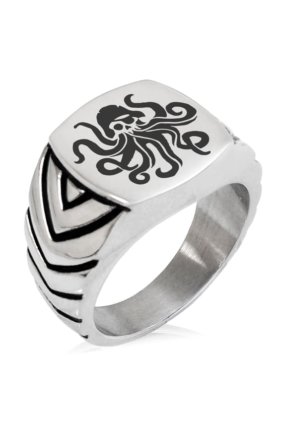 Stainless Steel Kraken Octopus Pirate Skull Chevron Pattern Biker Style Polished Ring
