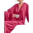 thumbnail image 3 of Women's Notched Collar Long Sleeve Top & Wide Leg Pants Loungewear Set Pink M, 3 of 7