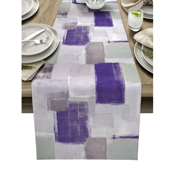 Table Runner Dresser Scarves 90 Inch Long, Abstract Graffiti Geometric Art Linen Dining Table Runners Lavender Purple Grey Color Block Tabletop Scarf for Wedding Holiday Party Kitchen