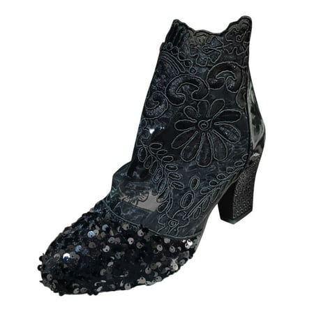 

YUHAOTIN Black High Heels Closed Toe Boots Summer Fashion Retro Round Head Sequins Ankle Boots Hollow Thick with Mesh Short Boots High Heels Thigh High Heel Boots Sandals Women Wedge