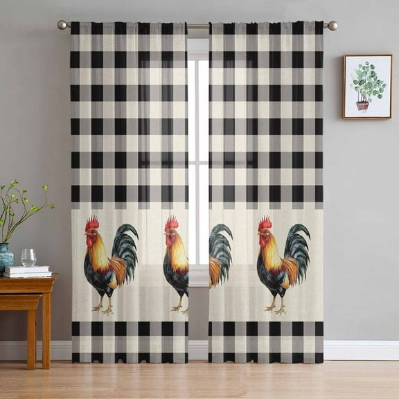 Black White Plaid Rooster Sheer Curtains 72 Inches Long 2 Panels Set, Window Sheer Curtains for Living Room/Bedroom, Vintage Farmhouse Checkered Rustic Light Filter Rod Pocket Curtain 52'' x 72'' x 2