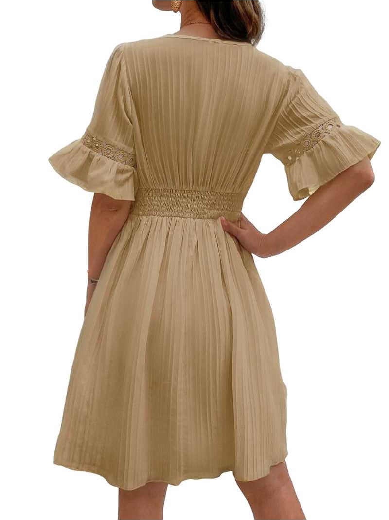 mini boho dresses for women Jaimenalin Women's Dress V Neck Lace Wedding Guest Dress Smocked Waist Bohemian Mini Flowy Khaki XL, White airy flare sleeves