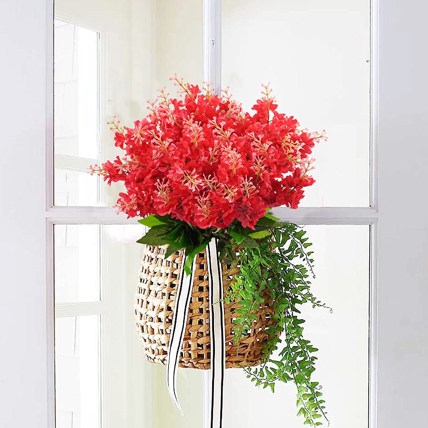 6 Pcs Artificial Wisteria Flowers for Outdoor 13.8'' Faux Hyacinth Flowers for Home Porch Decoration Fake Silk Floral for Wedding Spring Garden Fence Porch Outsides Decor Red