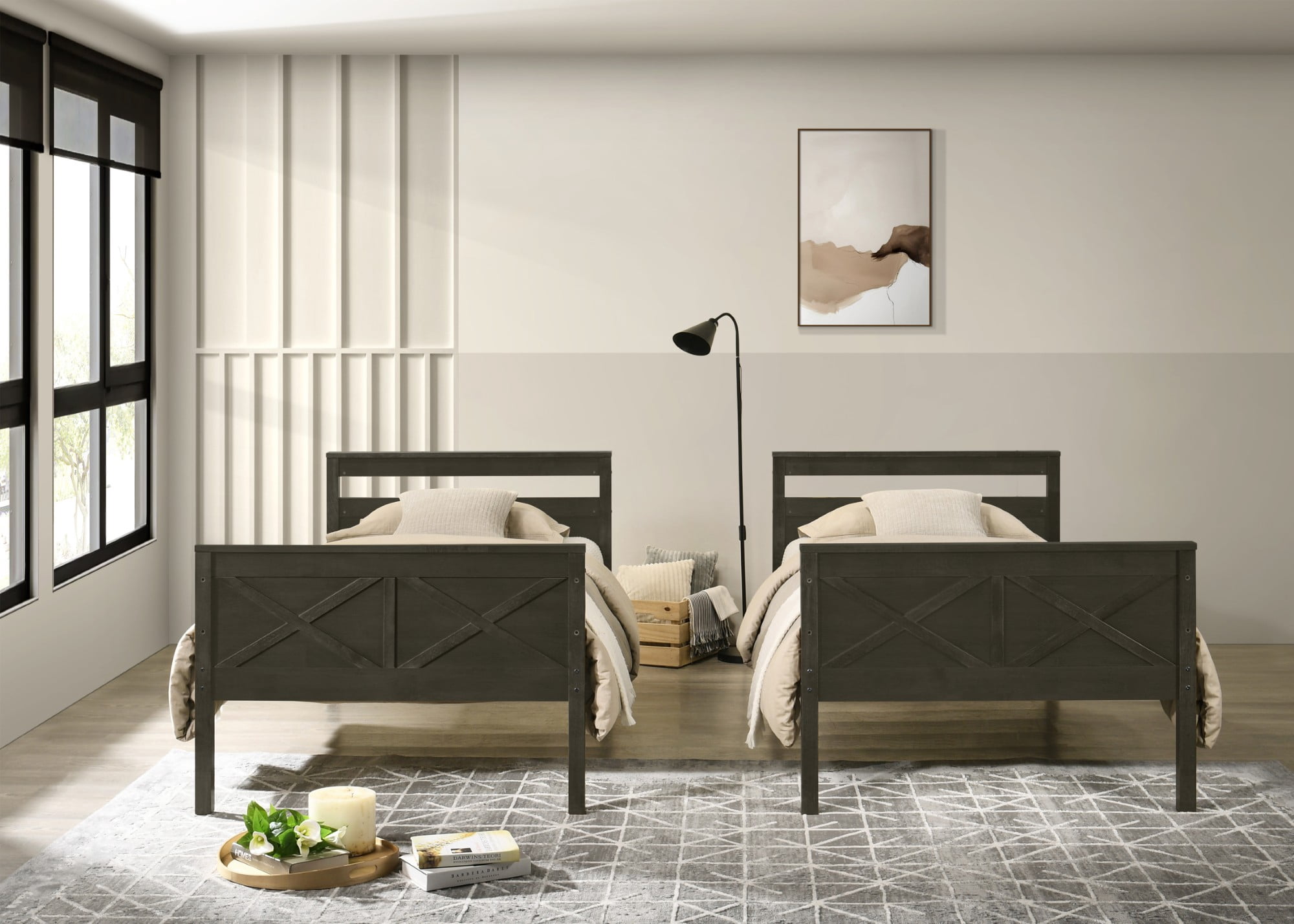 Home Design Exeter Twin Over Twin Solid Wood Bunk Bed Frame with Guardrails and Ladder, Dark Gray, Easy Assembly