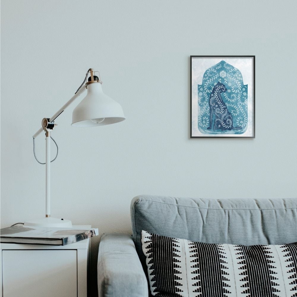 Stupell Industries Regal Cheetah Jungle Animal Vines Blue Arabesque Watercolor Framed Wall Art Design by Ziwei Li, 16" x 20", Black Framed