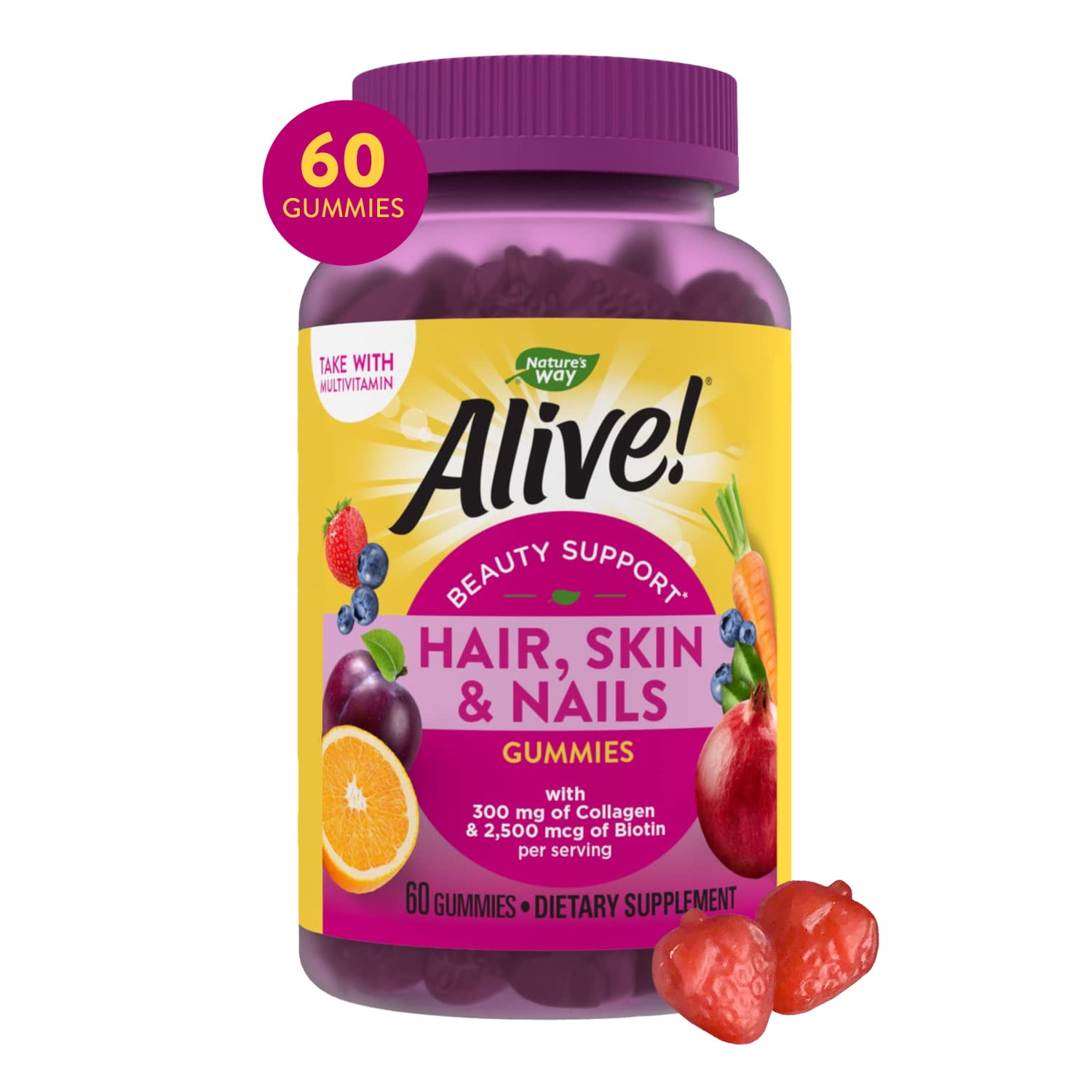 Nature's Way Alive! Hair, Skin & Nails Gummies, Collagen & Biotin,  Antioxidant Vitamins C & E, Strawberry Flavored, 60 Gummies 