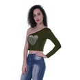 thumbnail image 3 of Moomaya Womens One Shoulder Full Sleeve Crop Top w/ Sequin Heart Motif Patch Party T-Shirt, 3 of 7