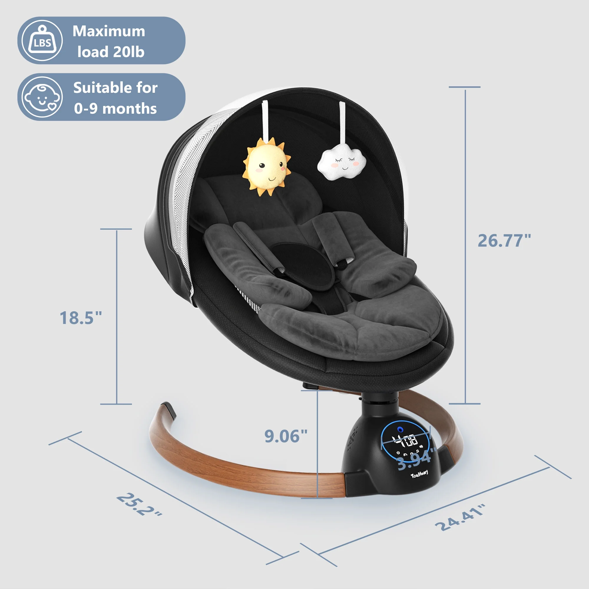 TouHeart Electric Baby Swing, Infant Rocker with Bluetooth & Remote,5 Speeds,10 Lullabies,3 Timing, Black