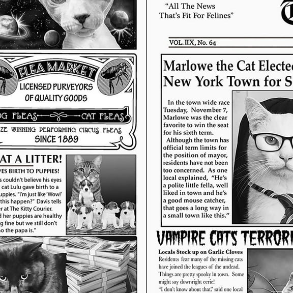 Timeless Treasures Newsprint Cat Burglar 100% Cotton Fabric sold by the yard