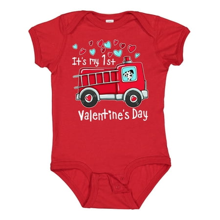 

Inktastic It s My 1st Valentine s Day Fire Truck with Cute Dalmatian Gift Baby Boy or Baby Girl Bodysuit