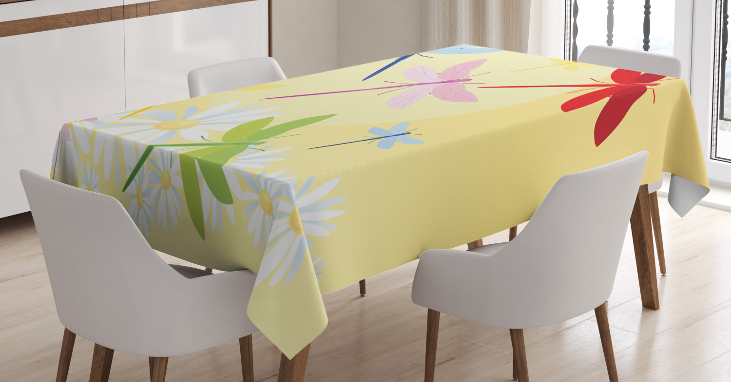 Dragonfly Tablecloth, Flower Field in Spring Season with Chamomiles and