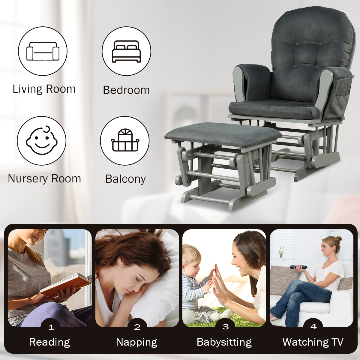 Infans Glider and Ottoman Cushion Set Wood Baby Nursery Rocking Chair Dark Grey