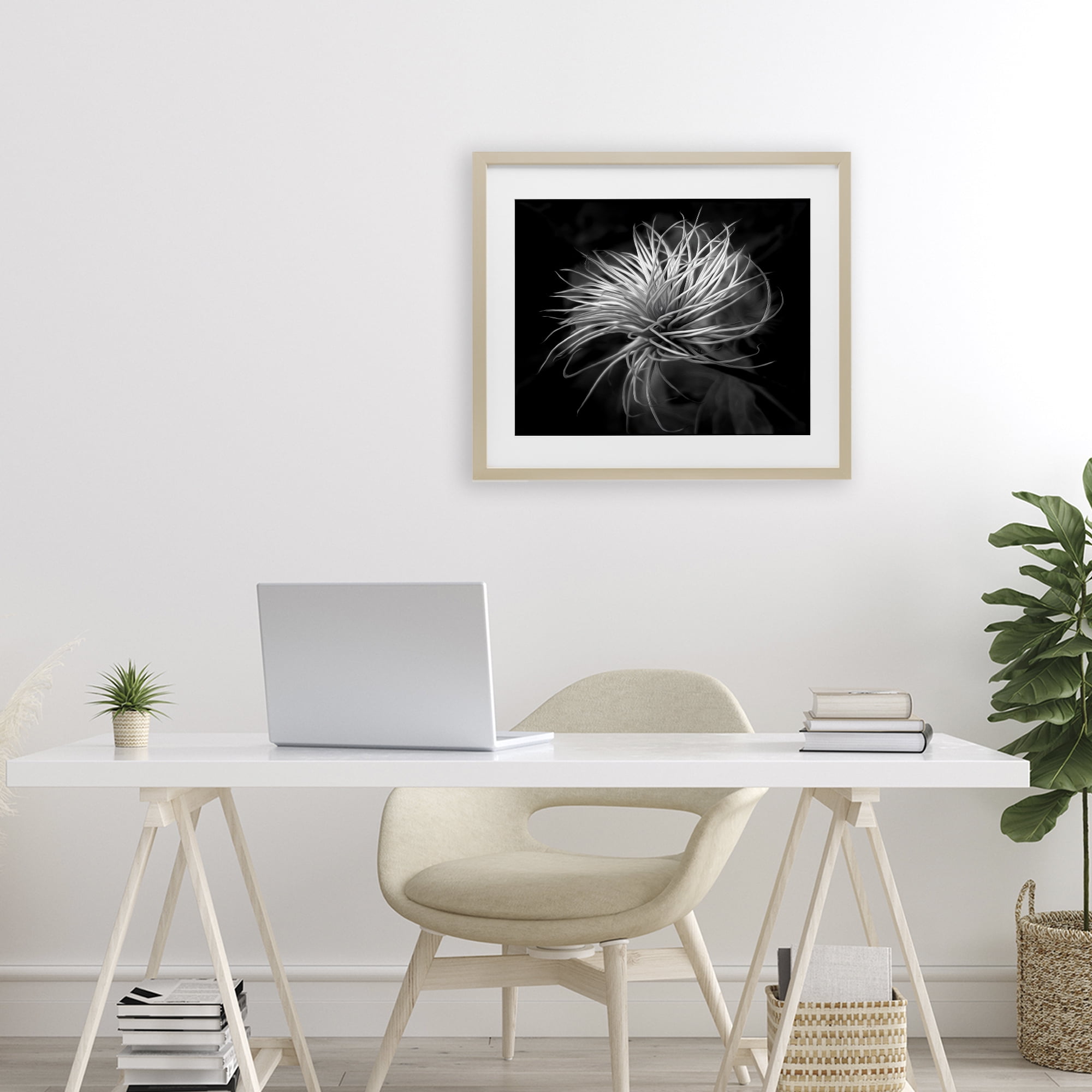 Twisting Botanical Leaves Contrast Birch Framed Print Under Glass, design by Phillip Flowers