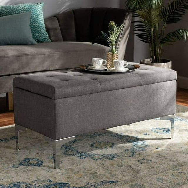 Baxton Studio Mabel Tissu Gris Transitionnel Moderne et Contemporain Rembourré et Pouf de Rangement en Métal Fini Argent