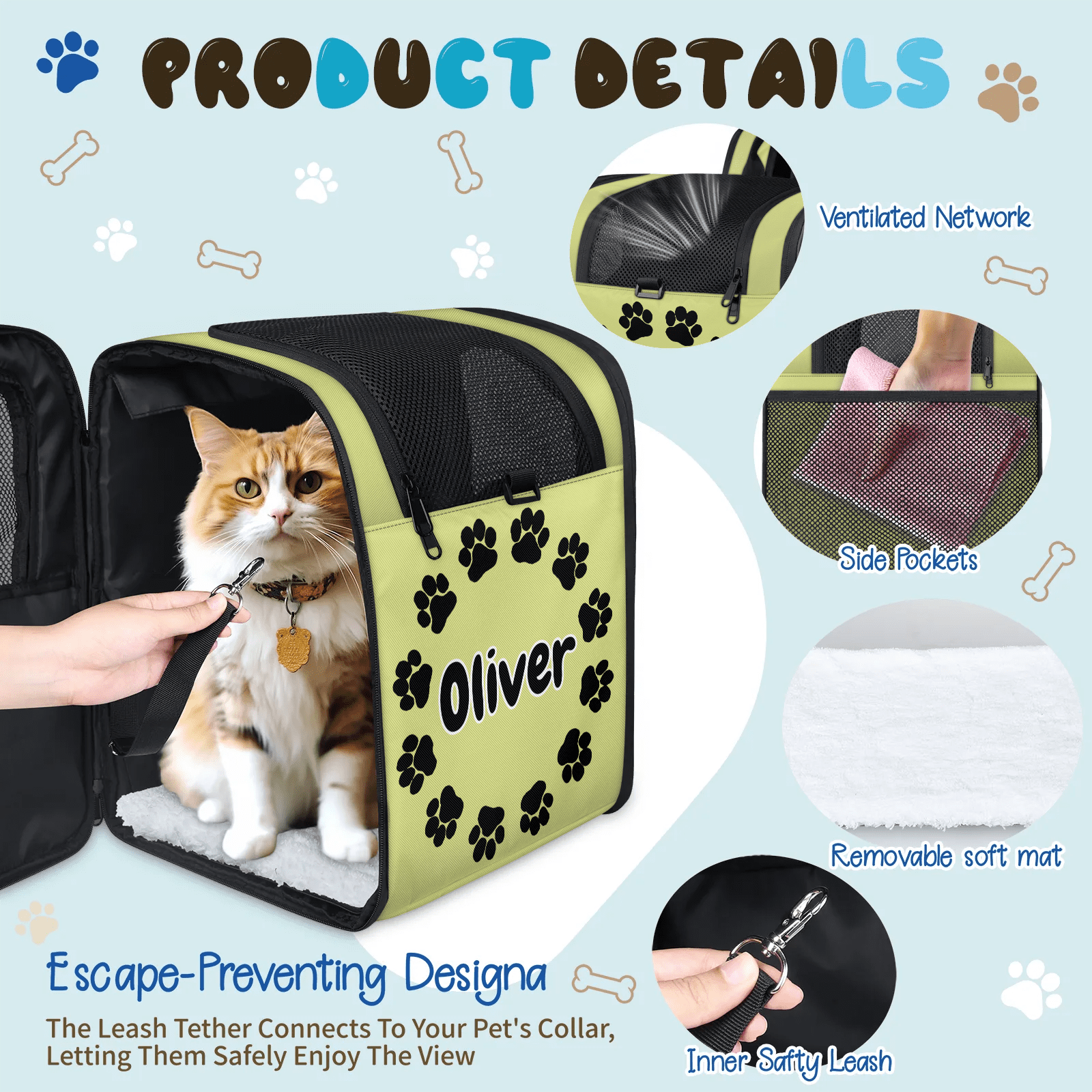 Custom Name Cat Carrier Backpack,Peresonalized Pet Backpack for Small Dogs & Cats Under 13lbs,Ventilated Pet Backpack Bag for Camping Biking Hiking Travel
