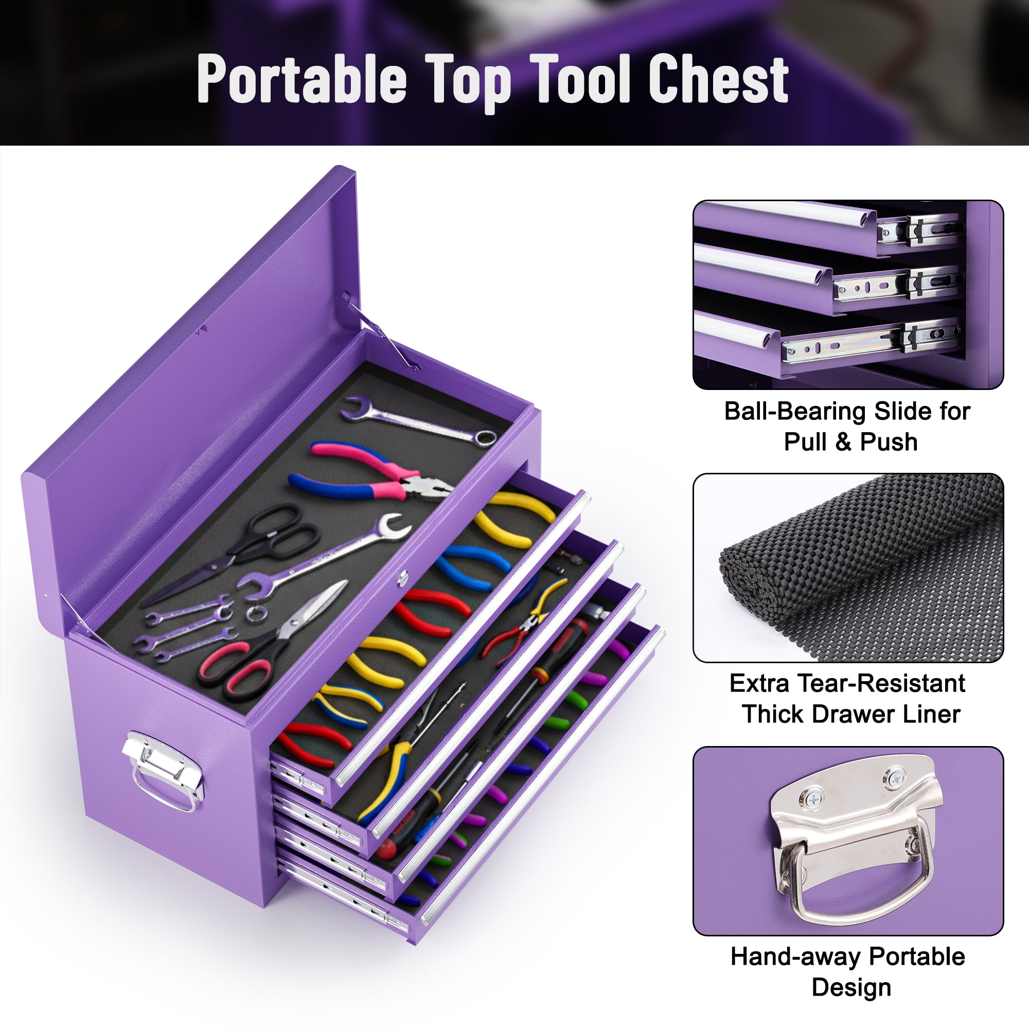 5-Drawer Tool Box, Enyopro Rolling Tool Chest, Stainless Steel Tool Box with Brake Wheels and 4 Drawers, Detachable Tool Cart, Purple