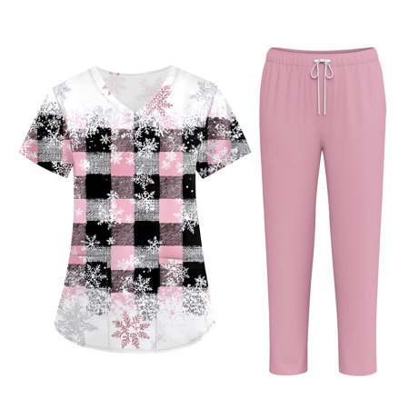 Wutalume Women s Short Sleeve Christmas Print Scrub Set Pocket Top and Pants Work Uniform Healthcare Professional Outfit Pink M