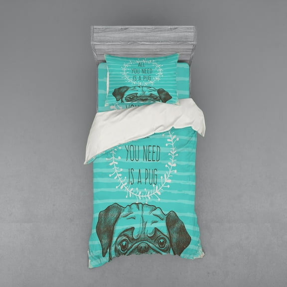 Ambesonne Pug Bedding Set 3 Pcs, Fun Animal Dog Words, Twin, Sea Green Brown