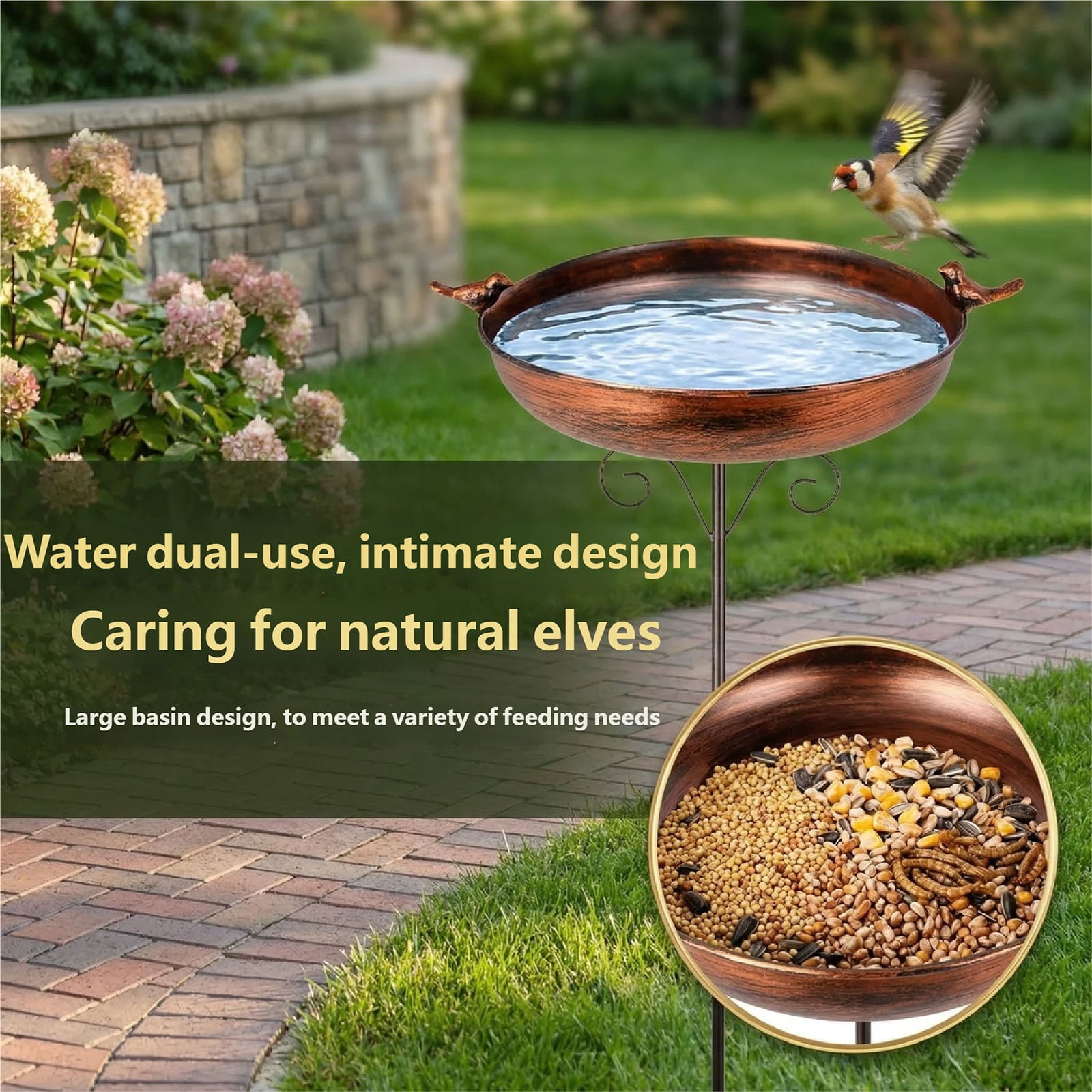 38 Inch Tall Bird Bath with Stake, Vintage Copper Metal Bird Bath for Outside Metal Freestanding Birdbath for Garden Yard Patio